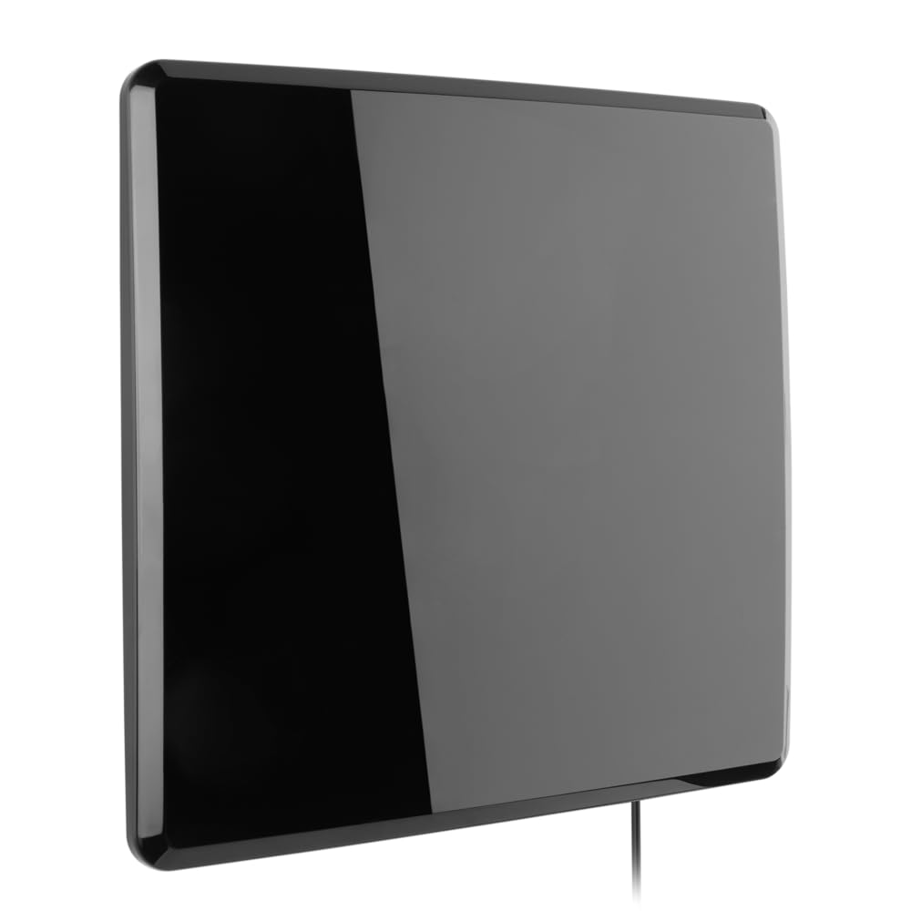 One for All A715438A07-00001 Antenne HDTV 1080p Antenne TV plate d'intérieur amplifiée avec plusieurs directions, portée de 80 km et indicateur de niveau de signal, câble coaxial de 1,52 m - Noir