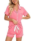 Women's Short Sleeve Button Down Sleepwear Shorts Shirt PJ Set Coral With Dots Medium