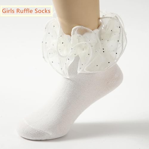 Girls Sequin Lace Ruffle Socks Double Frilly Dress Socks Toddler Turn Cuff Socks 3 Pack2