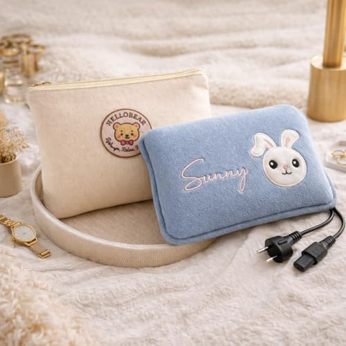 Image of HelloBear Hot water Bag - 1 year warranty| Rechargeable heat pad| Winter Warmer, period cramp comfort, Joint pain relief | charge in 4 minutes, warmth lasts upto 4 hours, Medically certifed| Auto shut-off tech, leak proof, 6 layer insulation| Thoughtful gift for your Girlfriend, Wife, sister | Soft and cute teddy Plush Cover| Premium look (Blue)