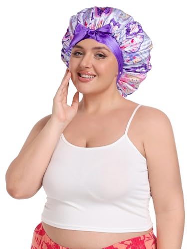 Vettres Double Layer Satin Bonnet for Sleeping with Detachable Eye Mask Adjustable Night Cap for Curly, Natural, Braided Hair Reduces Frizz & Locks in Moisture Pink Purple Animals — view 3