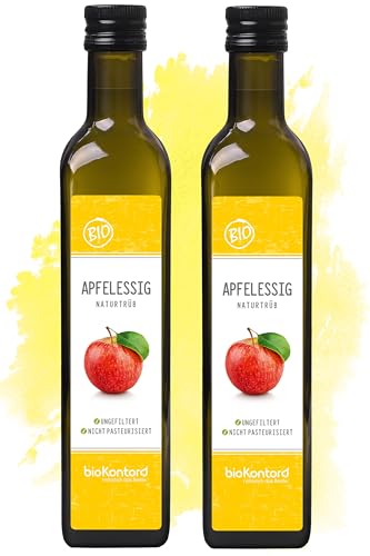 bioKontor – BIO Apfelessig naturtrüb 1000ml (2x500ml) – mit Essigmutter – ungefiltert, unpasteurisiert, unerhitzt, unverarbeitet – Bio Apfel Essig – deutsche Herstellung und Abfüllung – UV-geschützt