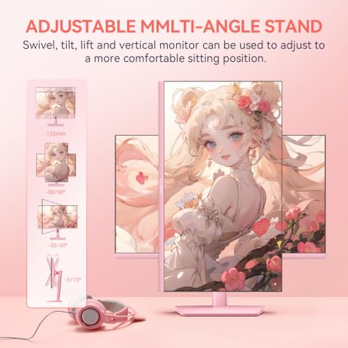 Image of CUNPU 24 inch Wave Pink Kawaii Gaming Monitor, FHD 1920x1080 180Hz 1ms GTG Fast IPS, 100% sRGB, Adaptive Sync, Built-in Speakers, USB Type-C 15W HDMI /DP, Tilt Adjustable Stand, For PC Gaming & Home Office
