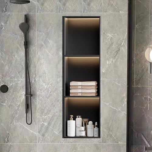 HEFJIAYCIQ Stainless Steel Recessed LED Shower Niche, No Tile Need Bathroom Storage Lighting Wall Cabinet, Over Mount Installation Shower Shelf,3tier black,28x12.5x90cm