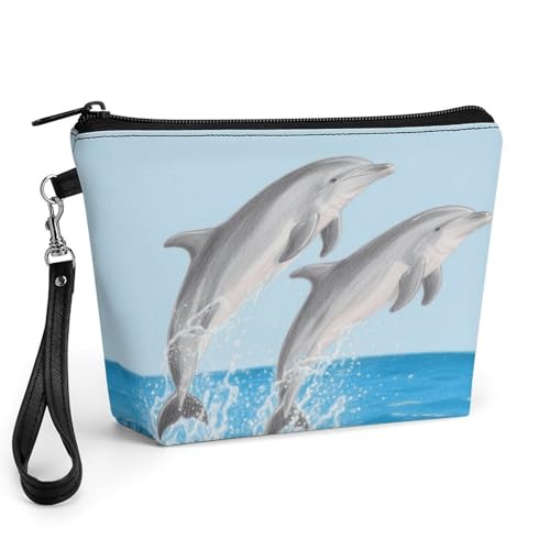 Bolsa de maquillaje de piel sintética con asa y diseño de delfines (8.9x2.6x5.7 pulgadas)