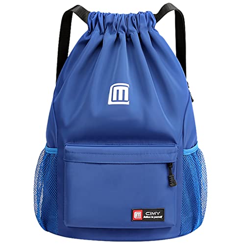 Eucomir Mochilas de cordas, mochila desportiva mochila ginásio de malha água, bolsa de cordão impermeável de nylon bolsa de ginásio cordão com fecho de correr exterior para desportos férias, azul