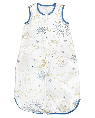 MOXTOYU Baby Sleep Bag, 100% Cotton 0.5 Tog Baby Sleeping Bag, Sleeveless Swaddle Blanket with Two-way Zipper, Baby Blanket For Newborn Boy Girl, Newborn Baby Gift, Moon and Star 12-18M, Blue