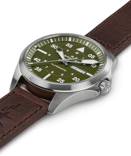 Hamilton Khaki Aviation Automatic Men's Watch, 42mm Stainless Steel Case, Swiss Made, Green Dial Analog Wrist Watch for Men, 100m Waterproof, Sapphire Crystal, 3-Hand Movement, Cow Leather Strap