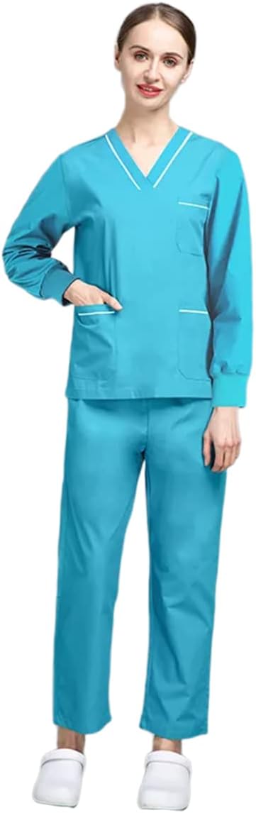 Scrub Set V-Neck Uniform Women Long Sleeves Medical Workwear Tops/Pants Beauty Salon Spa Shirt Pet Grooming Unisex