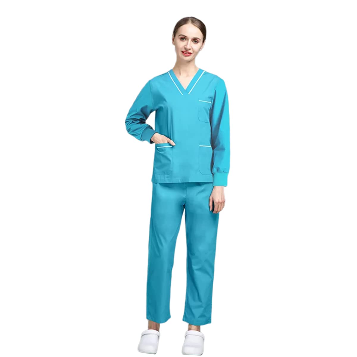 Scrub Set V-neck Uniform Women Long Sleeves Medical Workwear Tops/pants Beauty Salon Spa Shirt Pet Grooming Unisex (Lake Blue,Medium,Medium)