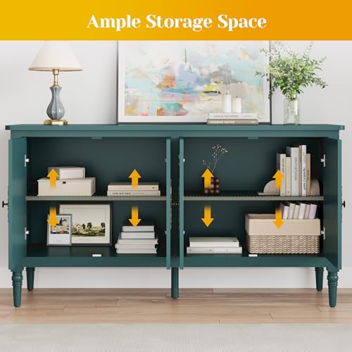 Image of FansaFurn 58 inch Large Sideboard Buffet Cabinet for Living Room | Mid Century Credenza Buffet Table with 4 Doors for Coffee Bar, Storage Cabinet for Dining Room, bedroom, Turquoise Blue