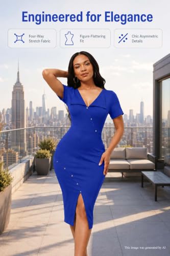 Image of Fooullaide Women's Sexy Bodycon Mid Dress Stretch Short Sleeve V Neck Cocktail Party Dresses