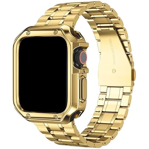Compatible with Apple Watch Band and Case, Stainless Steel Metal Chain with TPU Cover, Smart-Watch Link Bracelet Strap, Wrist-Band for i-Watch Series 9 8 7 6 5 4 3 2 1 SE, 45mm 44mm 42mm, Gold Cover
