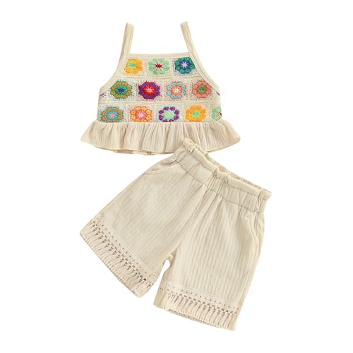 Baby Girl Summer Clothes Set Crochet Camisole Linen Shorts 2Pieces Toddler Little Girls Outfits with Pockets