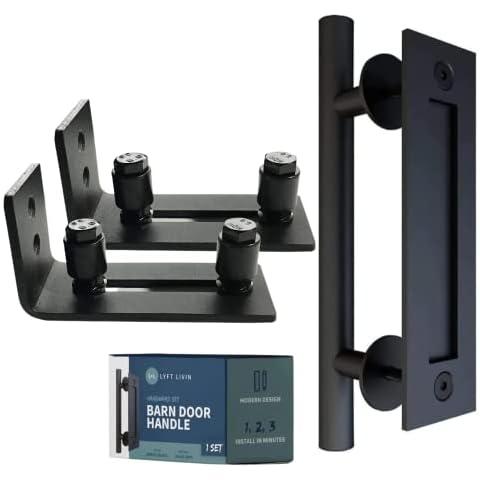 Lyft Livin 12 Inch Barn Door Pull Handle & Pack of 2 Sliding Door Floor Guide Sliding Door Hardware in Rustic Matte Finish with Metal Back Plate for Barn Door Gate Sliding Garage Door - Black Cover