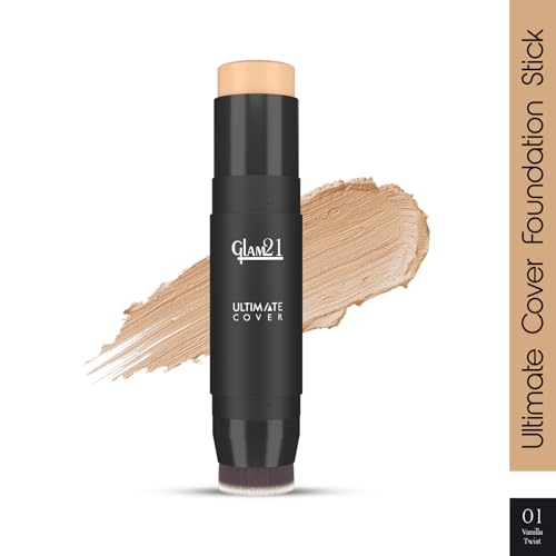 Image of Glam21 Ultimate Cover Foundation Stick | Face Foundation Stick with In-Built Brush | WaterProof, Long Lasting Formula & Natural Matte Finish | For All Skin Tone | 8gm| 01-Vanilla Twist