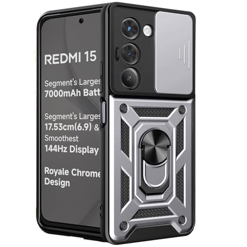 Image of TheGiftKart Tough Armor Bumper Back Cover Case for Mi Redmi 15 5G | Sliding Camera Cover, Kickstand & Ring Holder | 360 Degree Protection Back Cover Case for Redmi 15 5G (PC & TPU, Silver)