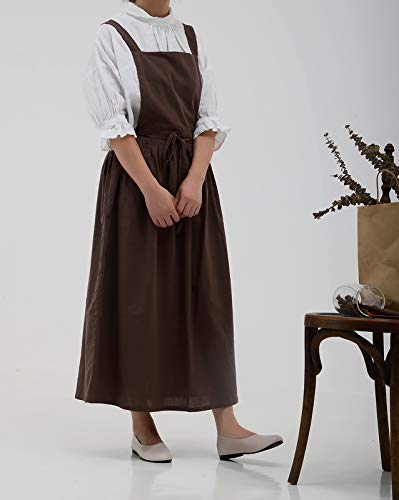 Losofar Pleated Cotton Long Apron X Back Kitchen Garden Florist Work Clothes Bib Dress (Brown, 38.5X34.6In) #TOP4