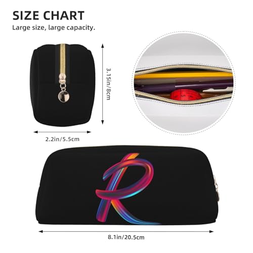 Image of Cute Initial Pencil Case for Kids Simple Leather Pencil Pouch for Boys Girls Letter Design Pencil Box Pen Bag Pencil Pouch Office Stationery Organizer, Rainbow Letter R
