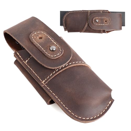 Topstache Leather Pocket Knife Sheath - Belt Loop EDC Belt Organizer - Horizontal Carry Knife Holder- Multitool Sheath with Two Snap Closure for Folding Knife Darkbrown