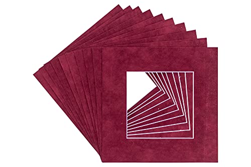 CountryArtHouse Dark Red Suede Acid Free 8x8 Square Picture Frame Mat with White Core Bevel Cut for 4x4 Pictures - Fits 8x8 Frame - Pack of 10 Matboards