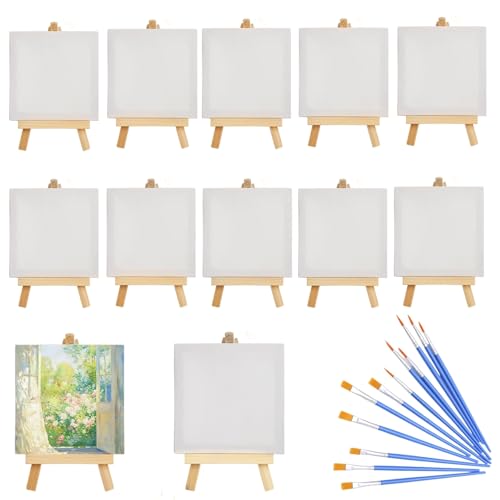 GOTRUST Set de Lienzo y Caballete Miniatura de Madera - 12 Mini Lienzos para Pintar y Dibujar - para Niños y Adultos ✅