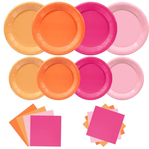 Image of Osonm Pink and Orange Party Decorations,180pcs Sunset Tropical Pink Orange Plates and Napkins Tableware Sets for Birthday,Baby Shower, Bachelorette Party,Serves 60