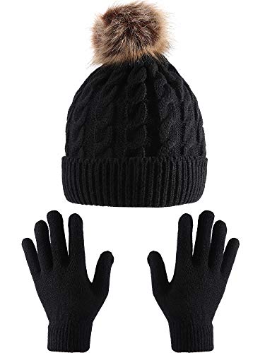 Tatuo Women Knitted Beanie Hat Glove Set Winter Faux Fur Pom Slouchy Hat and Full Finger Knitted Gloves