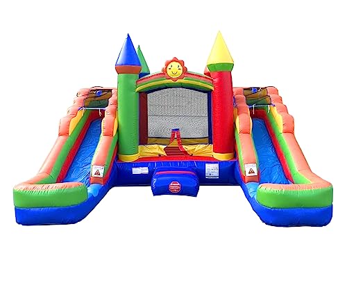Crossover Rainbow Inflatable Bounce House With Double Inflatable Water Slides For Kids, 16.5 X 15 X 11 Foot, Bouncy House For Kids, Commercial Outdoor Party Bouncer With Blower, Stakes, Storage Bag #TOP5