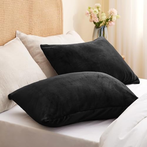 Image of BEDELITE Flannel King Size Pillow Cases Set of 2, Black, 20x36 Inches