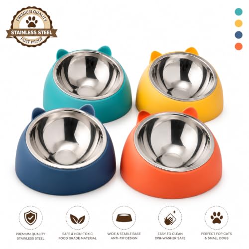 Image of PetVogue Pet Feeding Bowl for Dogs & Cats | Stainless Steel Food Bowl with Durable Plastic Base | Cute Cat Ear Design | Easy to Clean Food & Water Bowl for Cats, Puppies & Small Dogs(Yellow)