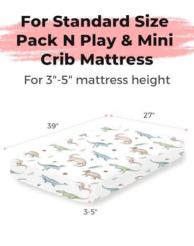 Image of Pack and Play Sheets 2 Pack, Fitted Jersey Knit Mini Crib Sheets for Baby Boys and Girls, Compatible with Graco Pack N Play and Mini Crib Mattress (Dino Pals, Pack N Play /Mini Crib Sheets)
