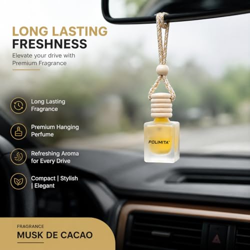 Image of Musk De Cacao Car Perfume | Premium Car Hanging Air Freshener | Rich Musk Fragrance | Frosted Glass Bottle with Wooden Cap | Leak Resistant | Long Lasting Up to 30 Days | 8ml