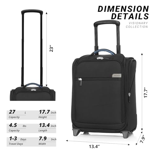 Image of Verage Underseat Carry On Luggage With Spinner Wheels, Black, 16-Inch Rolling, 2 Wheels
