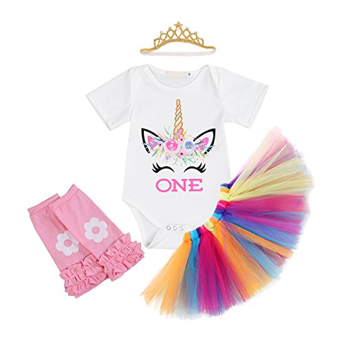 Little Girl Newborn It's My 1st Birthday 3 Pcs/4 pcs Outfits Romper+Skirt+Headband(+Leggings) Cake Smash Party Clothing Set 4pcs White Smile Unicorn Crown 6-12 Months