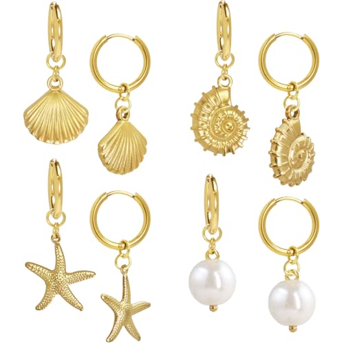 4 Pairs Beach Gold Earrings for Women, Trendy Shell/Starfish/Pearl/Conch Beachy Jewelry Huggie Hoop Earrings