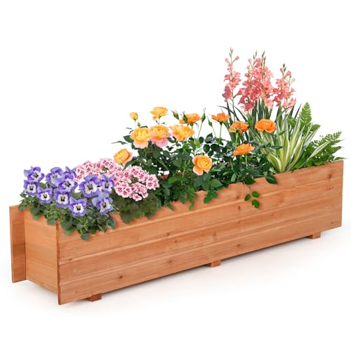 HAPPYGRILL Raised Garden Bed, Wood Rectangular Planter Box w/ 2 Drainage Holes, Decorative Flower Box, Outdoor Raised Beds for Vegetables, Flowers, Fruits & Herbs, 44” x 11” x 10”