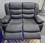 Madrid Leather Electric Recliner Sofa With Cupholders - Leather Sofa - 3+2 Seater - USB Charging Ports - LED Lights (Black, 2 Seater)