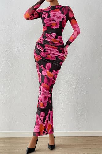 Image of PRETTYGARDEN Long Sleeve Maxi Dresses for Women Wedding Guest Fall Outfits | Ruched Bodycon Dress Long, Floral Mesh, Date Night, Formal Cocktail Party, Homecoming Holiday Dresses