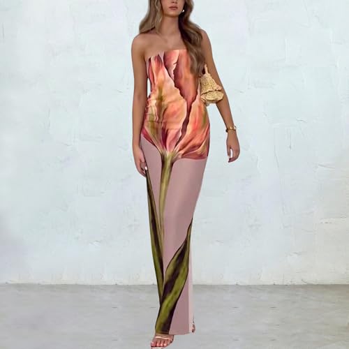 Image of Women Y2k Strapless Maxi Dress Summer Backless Floral Long Tube Dress Off Shoulder Cocktail Party Dress, X-Large