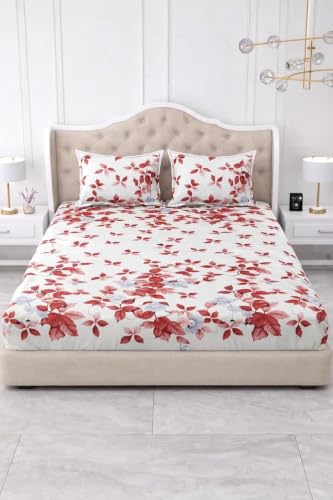 Image of 380 TC Premium Glace Cotton Elastic Fitted Bedsheet King Size with 2 Pillow Covers King Size | Double Bed with All Around Elastic (White Red, Fitted - Double72x72)