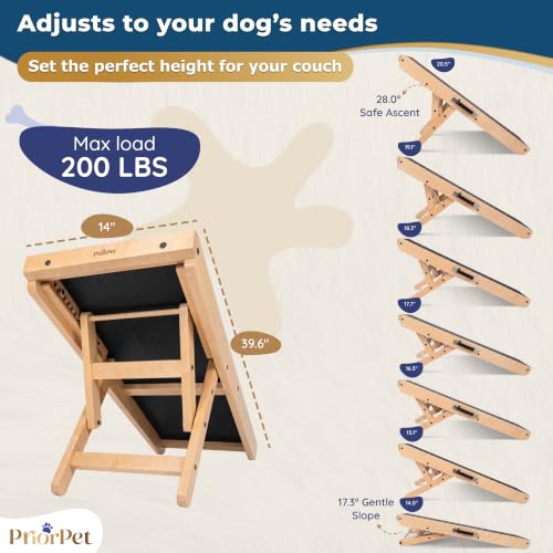Image of Dog Ramp for Couch - Non-Slip, Sturdy Build Foldable Wooden Dog Ramp - Supports up to 200 lbs - 7 Adjustable Heights (14 inch-20.5 inch) - Enhanced Stability - Birchwood Pet Ramp for Small Dogs - Natural