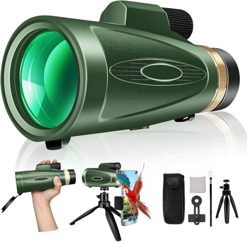 Monocular Telescope 80x100 High Power with Smartphone Adapter Tripod, Wide Field Monoculars for Adults with BAK4 Prism & FMC Lens, for Bird Watching Hiking Camping Wildlife-Green