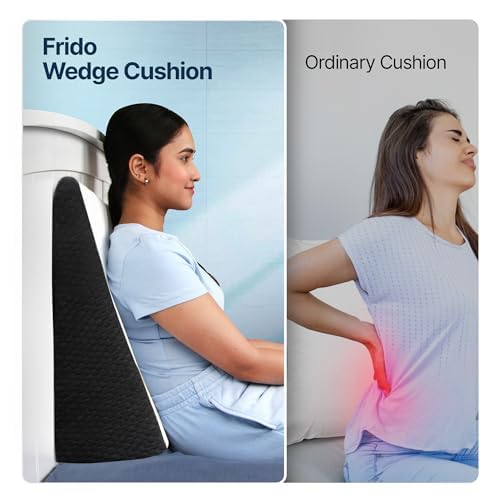 Image of Frido Complete Back Support Wedge Cushion Made with Memory Foam | Improves Comfort and Posture While Sitting /Working On Bed | Premium Removable Covers | Pack of 1 - White & Grey