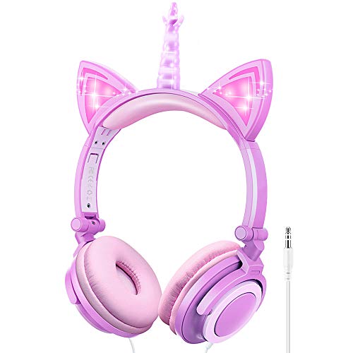 Auriculares Niña,Cascos Niña,Auriculares Orejas de Gato,Cascos Cuerno de Unicornio,Auriculares Infantiles LED con Diadema Ajustable,Audifonos de Gato, Limitación de Volumen a 85 dB (Morado Unicornio)