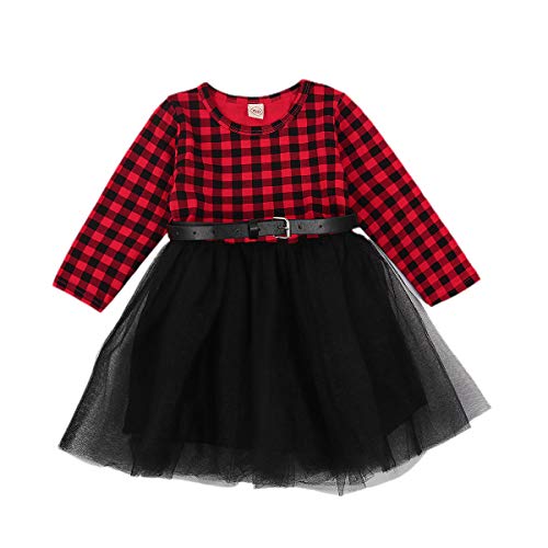 FIOMVA Toddler Kids Baby Girl Plaid Dress Ruffle Long Sleeve Tutu Dresses Party Princess Outfit Fall Winter Clothes (Black Tulle with Belt,1-2T)