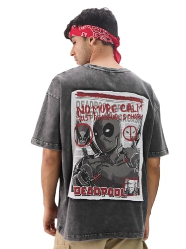 Image of The Souled Store Official Deadpool: No More Calm Men and Boys Short Sleeve Round Neck Grey Cotton Oversize Fit T-Shirt