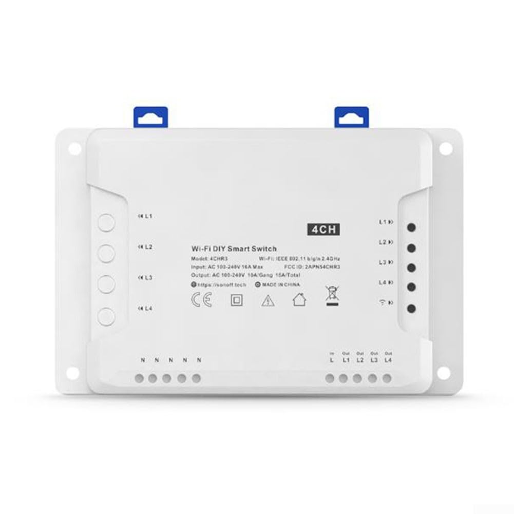 Interruptor inteligente Wi-Fi 4CH PRO R3/4CH R3, módulo de relé de 4 vías con modos de autobloqueo/enclavamiento/pulgadas, control de voz para hogar inteligente, CA 100-240V, blanco (para Sonoff 4CH