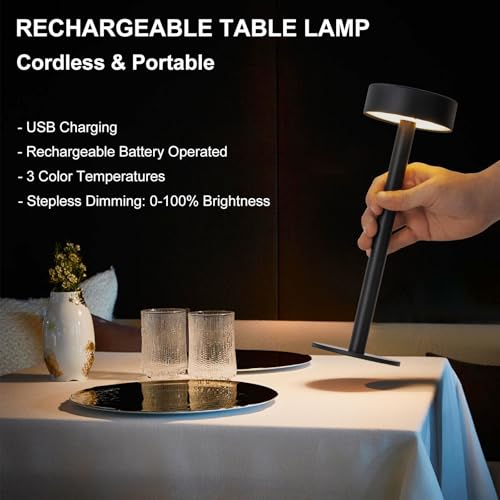 Briever Cordless Table Lamp, Rechargeable Battery Operated Lamp with 3 Colors Stepless, Dimmable LED Desk Lamp for Restaurant, Portable Touch Lamp for Living Room, Bedroom, Patio, Camping (Black) - Image 4