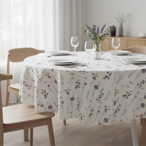 Image of HOMEMONDE 100% Cotton Premium Dining Round Table Cover, 45 x 45 Inches Floral Printed Table Cloth 4 Seater, Round Table Cover - (114 X 114 cm, Blue & Purple)